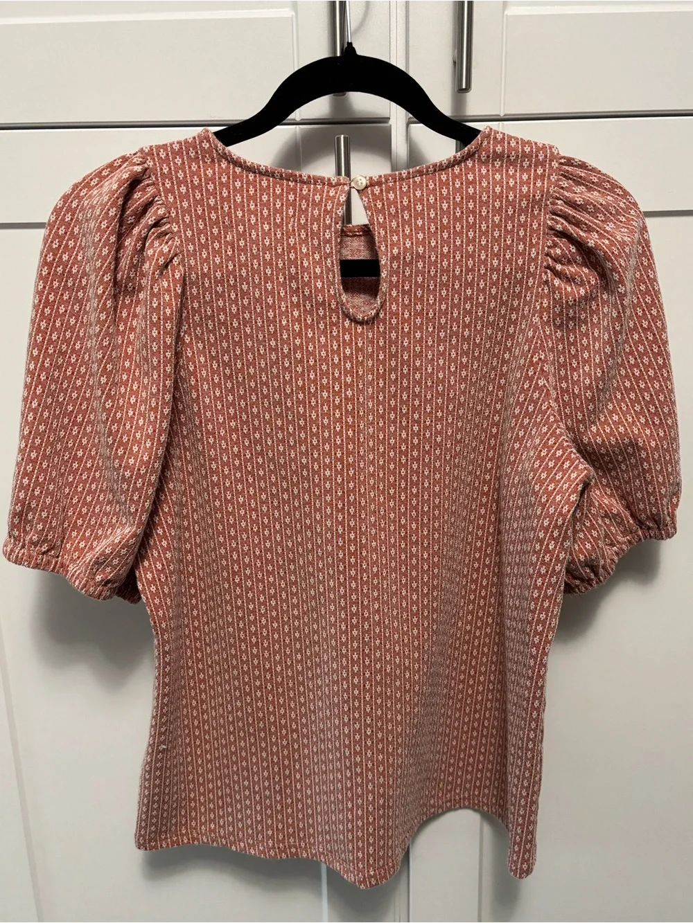 Madewell Puff Sleeve Rust White Stripe Geo Patterned Woven Stretch Blouse EUC